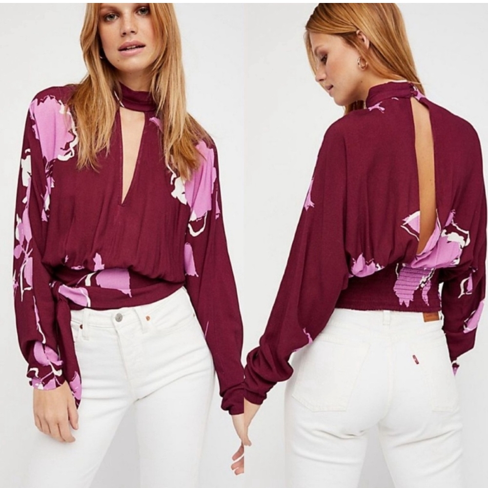 NWOT FP "Say You Love Me" Floral Blouse in Wine with Pink Accents